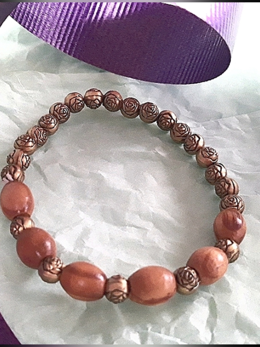 Bracelet Earth friendly wooden brass Beaded adjustible bracelet Hand Crafted NEW